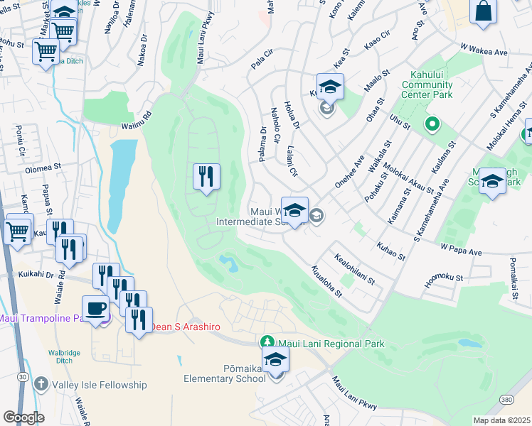 map of restaurants, bars, coffee shops, grocery stores, and more near 139 Huluhulu Street in Kahului
