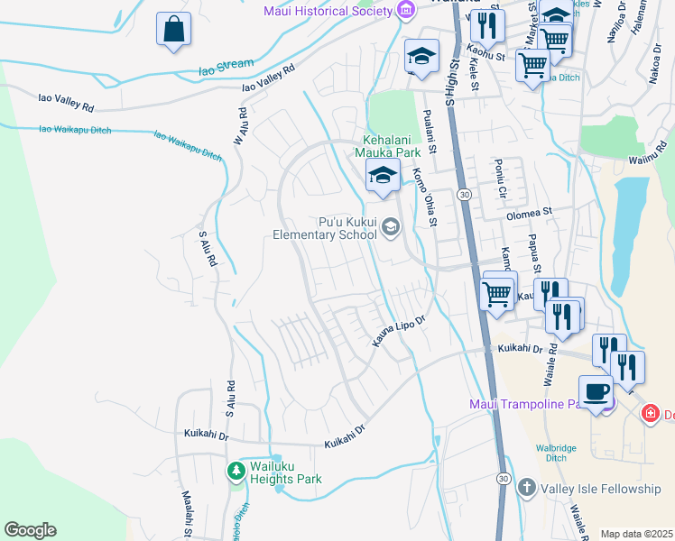 map of restaurants, bars, coffee shops, grocery stores, and more near 46 Palaa Place in Wailuku