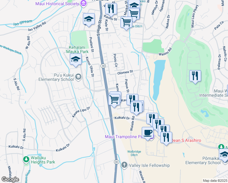 map of restaurants, bars, coffee shops, grocery stores, and more near 16 Palekaiko Place in Wailuku