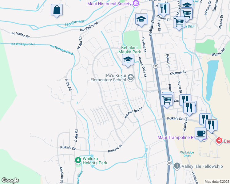 map of restaurants, bars, coffee shops, grocery stores, and more near 102 Nanu Place in Wailuku
