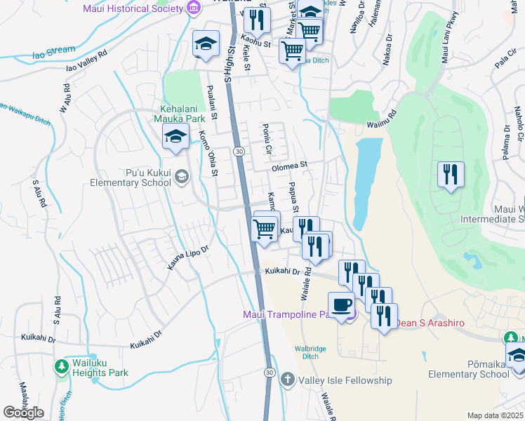 map of restaurants, bars, coffee shops, grocery stores, and more near 16 Palekaiko Place in Wailuku