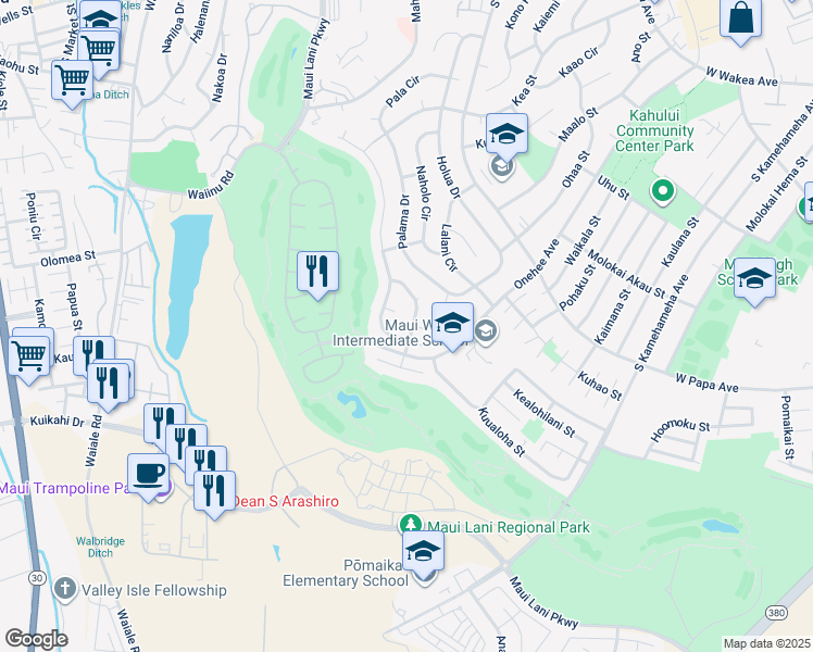 map of restaurants, bars, coffee shops, grocery stores, and more near 145 Huluhulu Street in Kahului