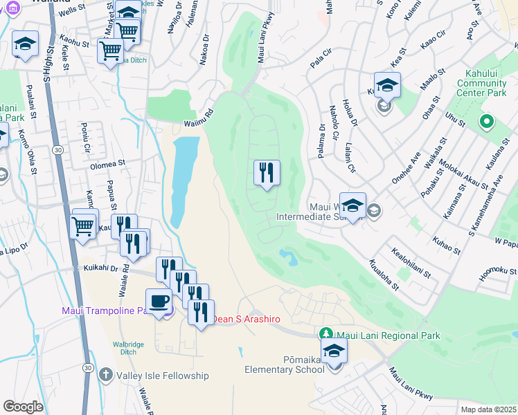 map of restaurants, bars, coffee shops, grocery stores, and more near 8 Kiekiena Place in Kahului