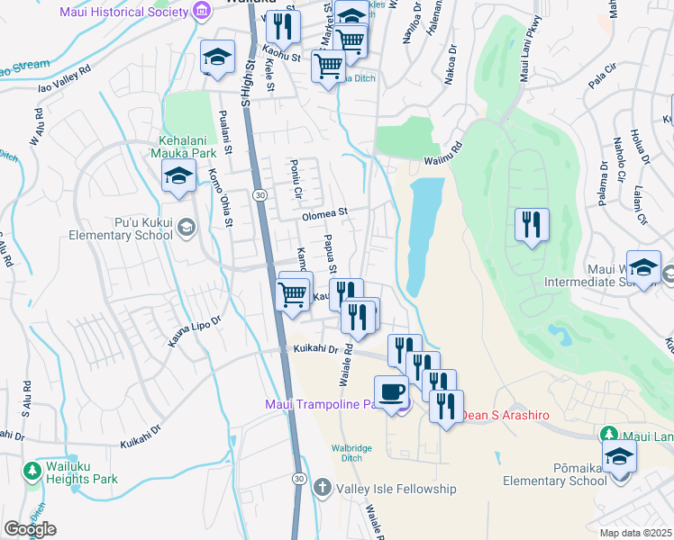 map of restaurants, bars, coffee shops, grocery stores, and more near 733 Papua Street in Wailuku