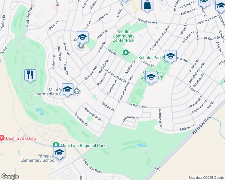 map of restaurants, bars, coffee shops, grocery stores, and more near 590 Kaimana Street in Kahului