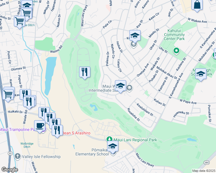 map of restaurants, bars, coffee shops, grocery stores, and more near 139 Huluhulu Street in Kahului