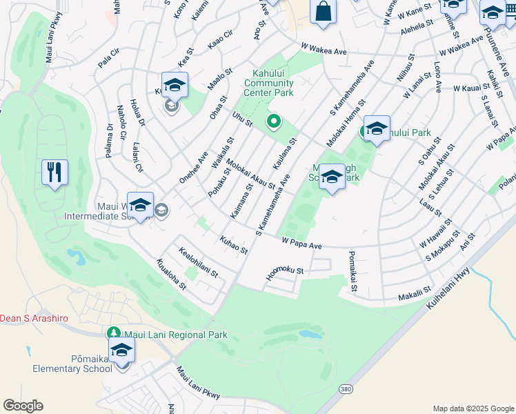 map of restaurants, bars, coffee shops, grocery stores, and more near 597 Kaulana Street in Kahului