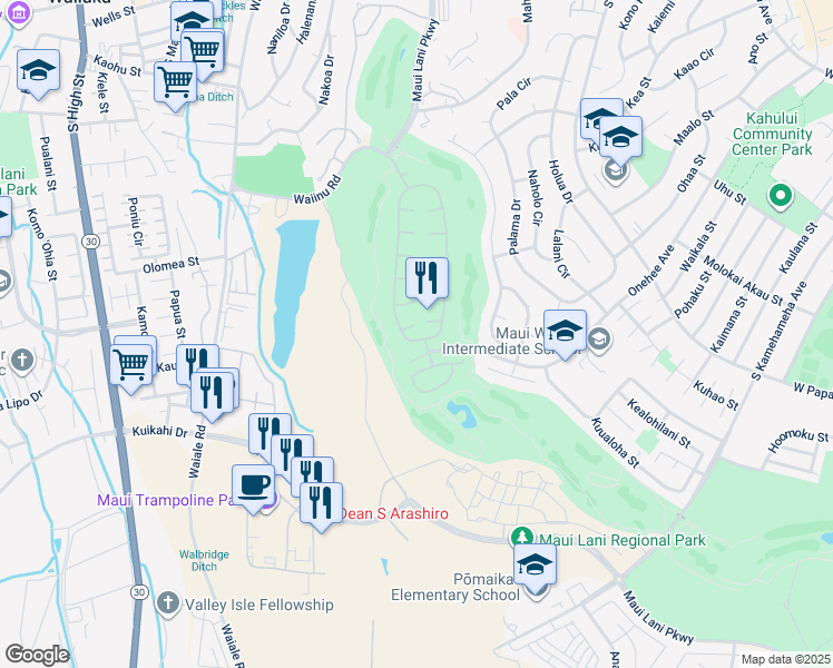 map of restaurants, bars, coffee shops, grocery stores, and more near 8 Kiekiena Place in Kahului