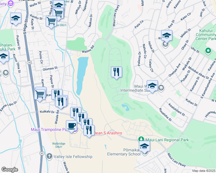 map of restaurants, bars, coffee shops, grocery stores, and more near 291 Kamalei Circle in Kahului