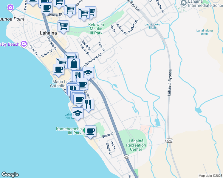 map of restaurants, bars, coffee shops, grocery stores, and more near 300 Lahainaluna Road in Lahaina