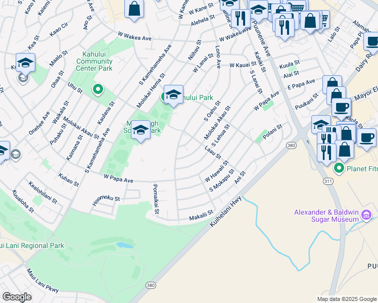 map of restaurants, bars, coffee shops, grocery stores, and more near 344 Molokai Akau Street in Kahului