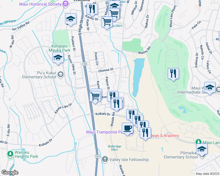 map of restaurants, bars, coffee shops, grocery stores, and more near 733 Papua Street in Wailuku