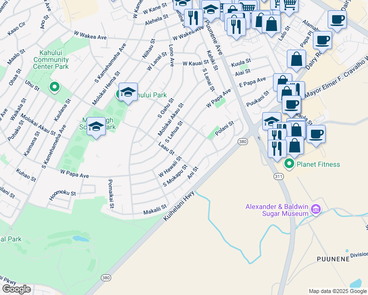 map of restaurants, bars, coffee shops, grocery stores, and more near 222 West Hawaii Street in Kahului