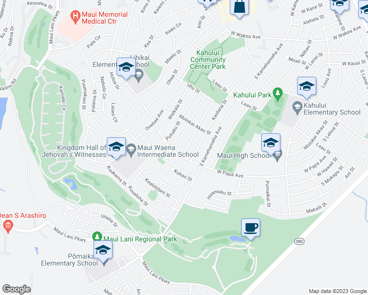 map of restaurants, bars, coffee shops, grocery stores, and more near 608 Kaimana Street in Kahului