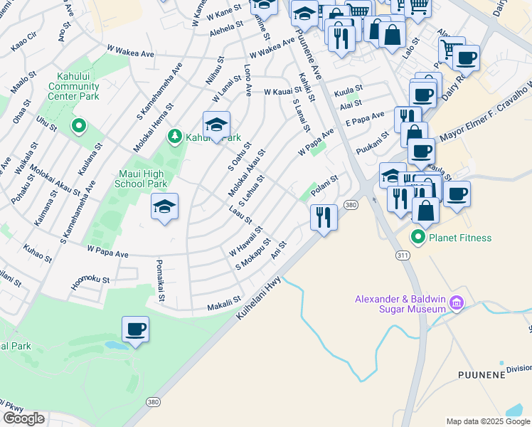 map of restaurants, bars, coffee shops, grocery stores, and more near 222 West Hawaii Street in Kahului