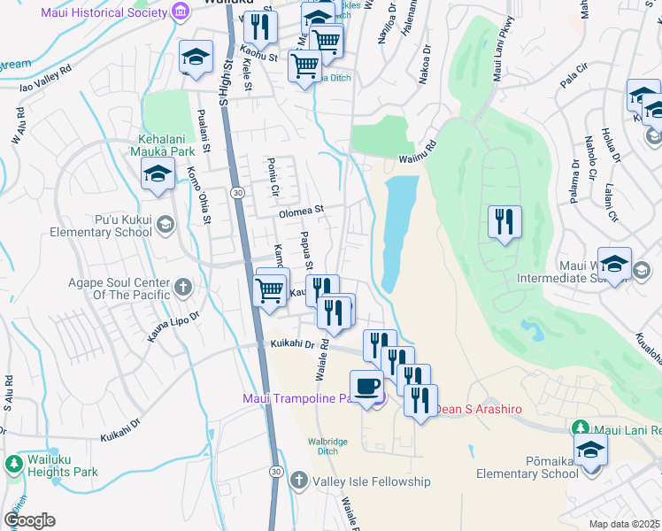 map of restaurants, bars, coffee shops, grocery stores, and more near 679 Meakanu Lane in Wailuku