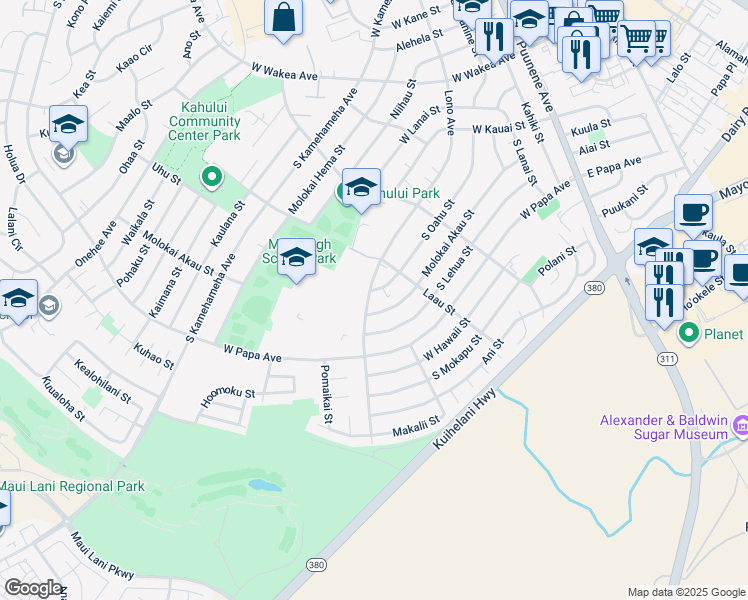 map of restaurants, bars, coffee shops, grocery stores, and more near 625 Lono Avenue in Kahului
