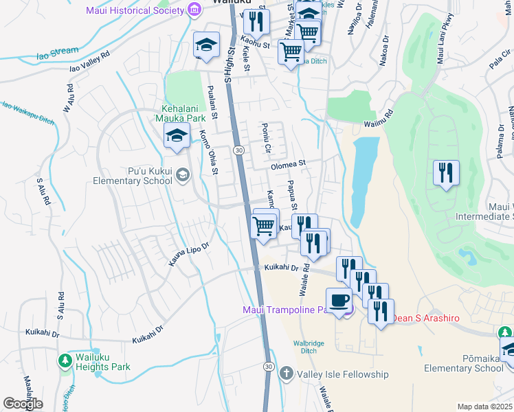 map of restaurants, bars, coffee shops, grocery stores, and more near 9 Emoloa Place in Wailuku