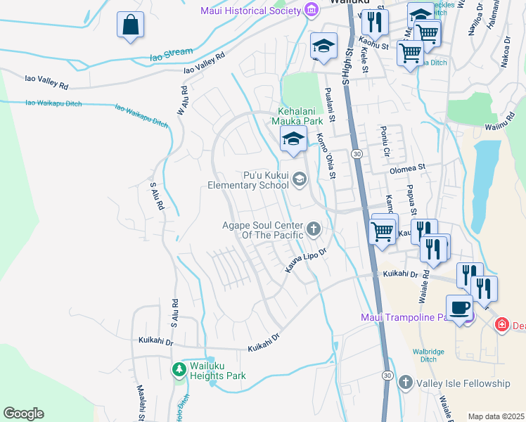 map of restaurants, bars, coffee shops, grocery stores, and more near 96 Nanu Place in Wailuku