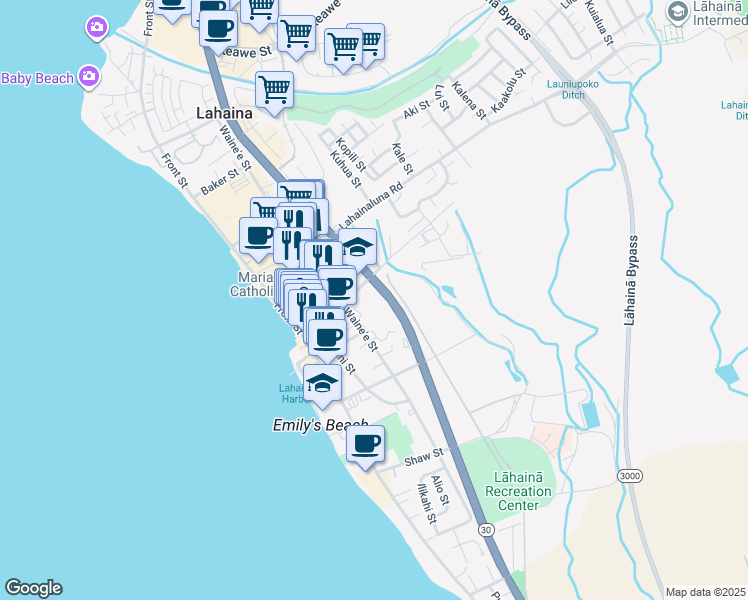 map of restaurants, bars, coffee shops, grocery stores, and more near 660 Wainee Street in Lahaina