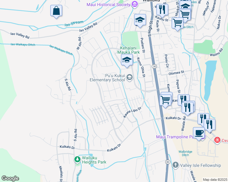 map of restaurants, bars, coffee shops, grocery stores, and more near 96 Nanu Place in Wailuku