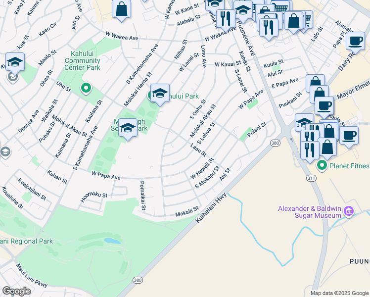 map of restaurants, bars, coffee shops, grocery stores, and more near 321 Molokai Akau Street in Kahului