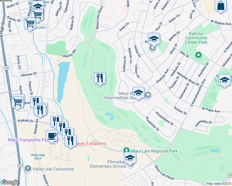 map of restaurants, bars, coffee shops, grocery stores, and more near 242 Puumakani Street in Kahului