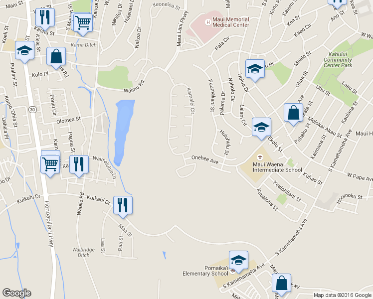 map of restaurants, bars, coffee shops, grocery stores, and more near 7 Puu Ehu Place in Kahului