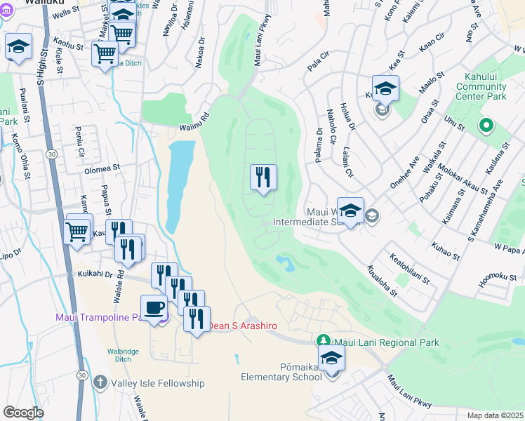map of restaurants, bars, coffee shops, grocery stores, and more near 19 Puu Ehu Place in Kahului