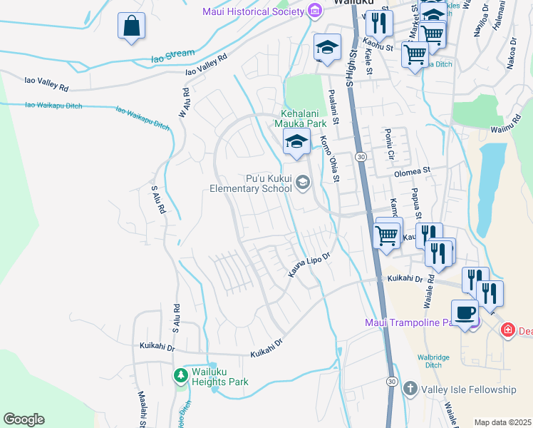 map of restaurants, bars, coffee shops, grocery stores, and more near 96 Nanu Place in Wailuku