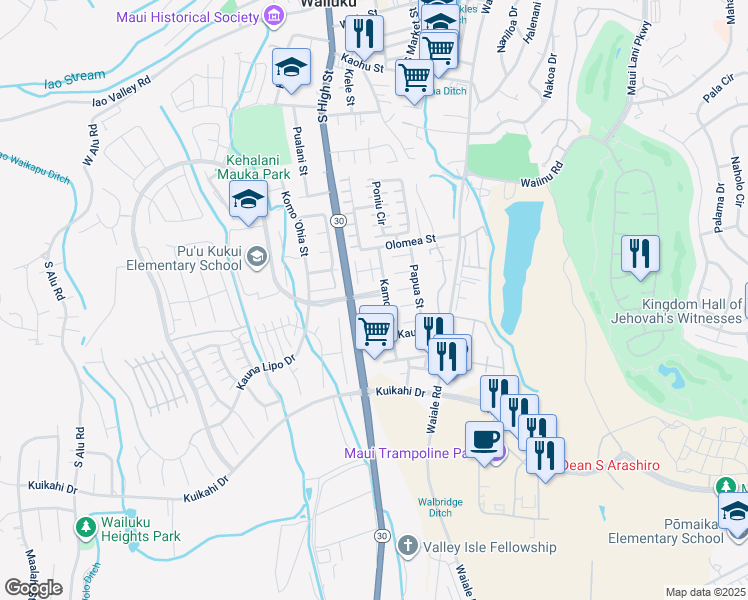 map of restaurants, bars, coffee shops, grocery stores, and more near 10 Palekaiko Place in Wailuku