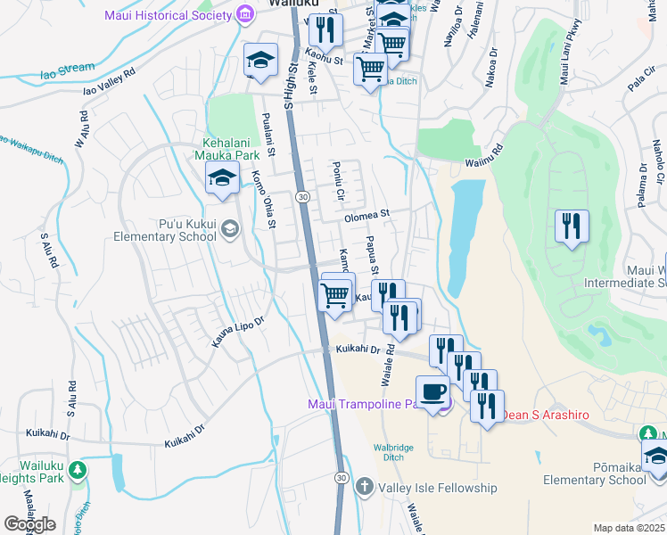 map of restaurants, bars, coffee shops, grocery stores, and more near 10 Palekaiko Place in Wailuku