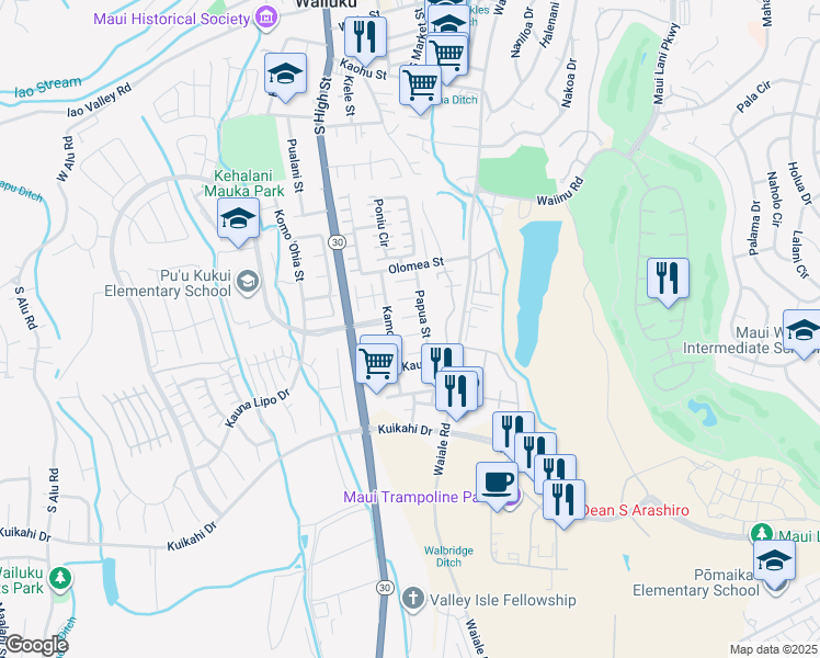 map of restaurants, bars, coffee shops, grocery stores, and more near 1890 Launiupoko Place in Wailuku