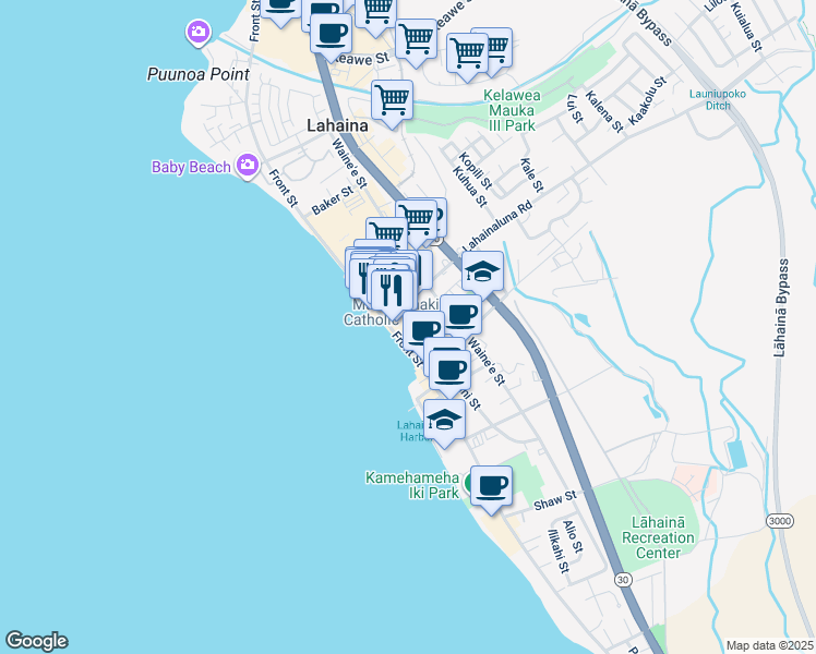 map of restaurants, bars, coffee shops, grocery stores, and more near 771 Luakini Street in Lahaina