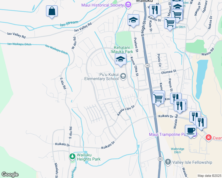 map of restaurants, bars, coffee shops, grocery stores, and more near 95 Nanu Place in Wailuku