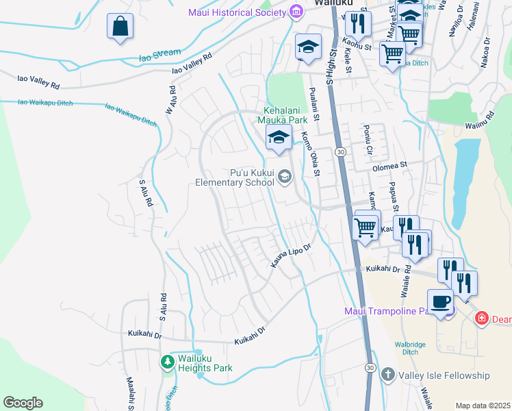 map of restaurants, bars, coffee shops, grocery stores, and more near 95 Nanu Place in Wailuku