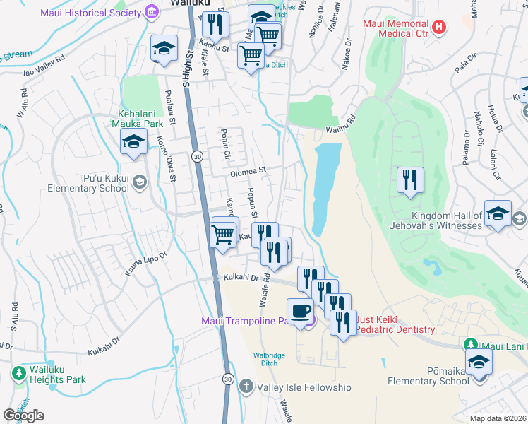 map of restaurants, bars, coffee shops, grocery stores, and more near 676 Meakanu Lane in Wailuku