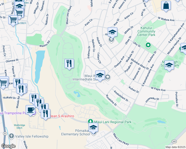 map of restaurants, bars, coffee shops, grocery stores, and more near 152 Huluhulu Street in Kahului