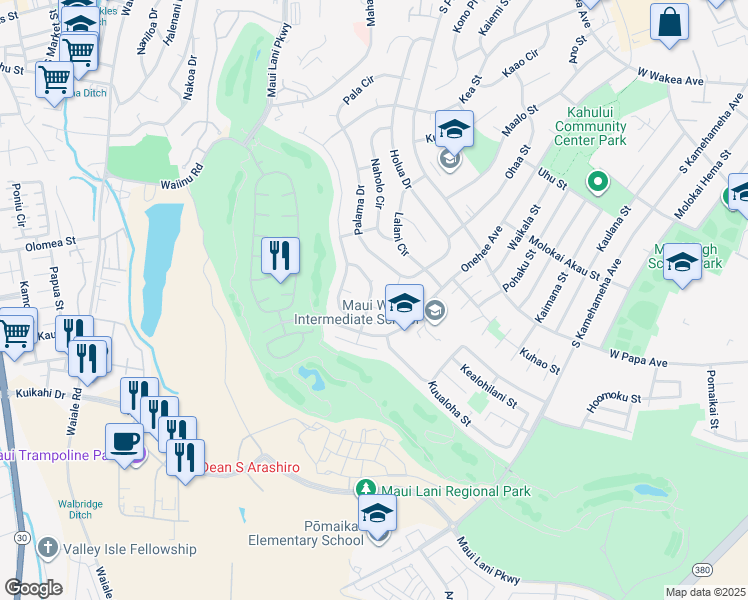 map of restaurants, bars, coffee shops, grocery stores, and more near 152 Huluhulu Street in Kahului