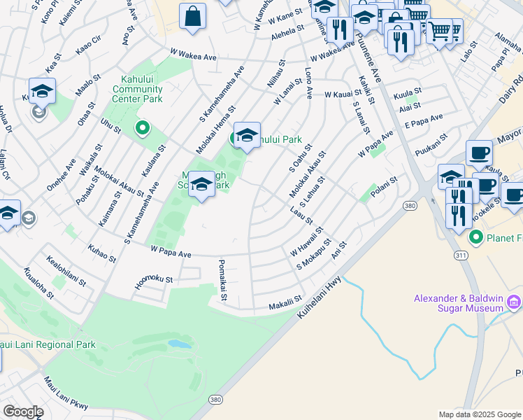 map of restaurants, bars, coffee shops, grocery stores, and more near 623 South Oahu Street in Kahului