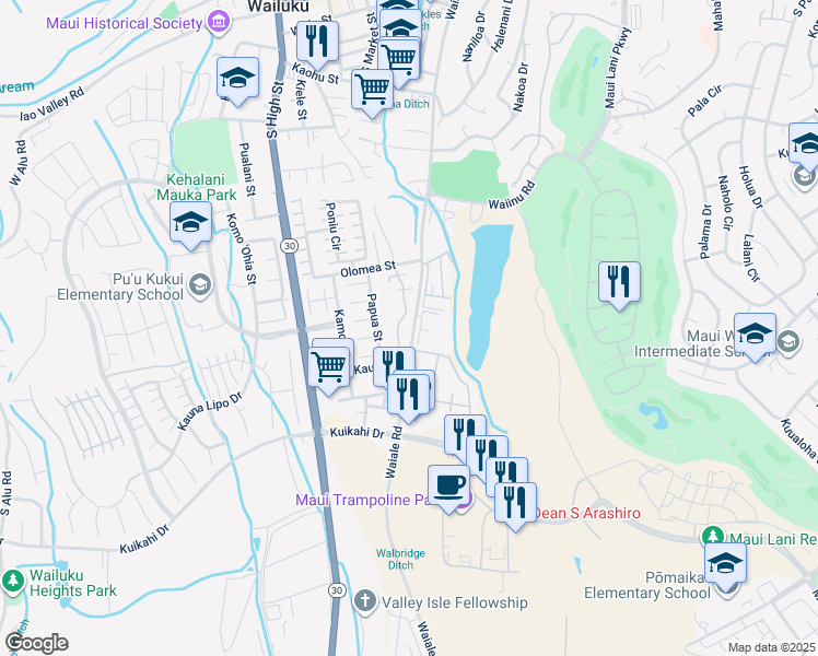 map of restaurants, bars, coffee shops, grocery stores, and more near 663 Meakanu Lane in Wailuku