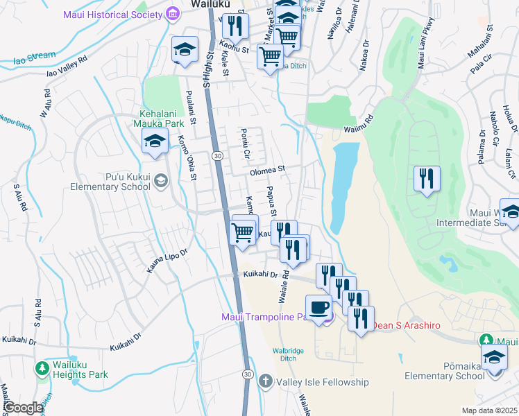 map of restaurants, bars, coffee shops, grocery stores, and more near 1899 Keahikano Place in Wailuku