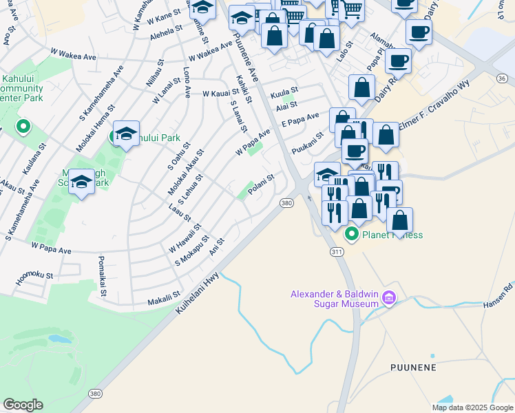 map of restaurants, bars, coffee shops, grocery stores, and more near 64 Meli Place in Kahului