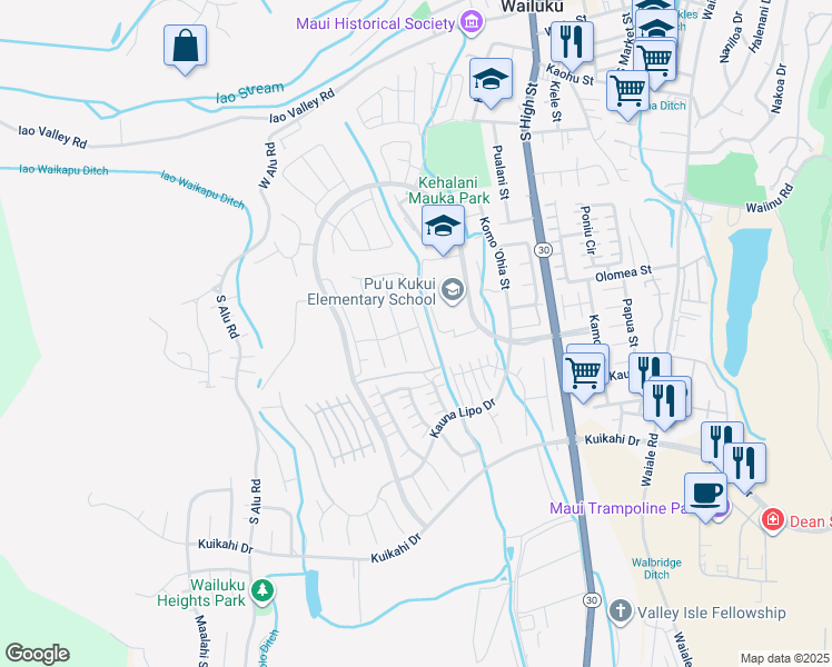 map of restaurants, bars, coffee shops, grocery stores, and more near 318 Laniuma Place in Wailuku