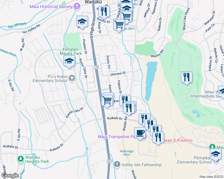 map of restaurants, bars, coffee shops, grocery stores, and more near 1911 Keahikano Place in Wailuku