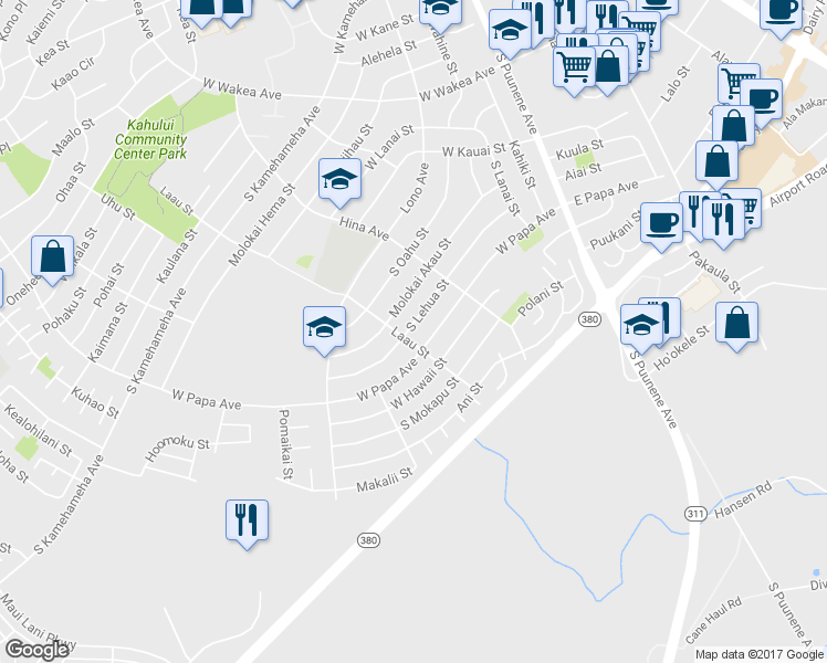 map of restaurants, bars, coffee shops, grocery stores, and more near 269 South Lehua Street in Kahului
