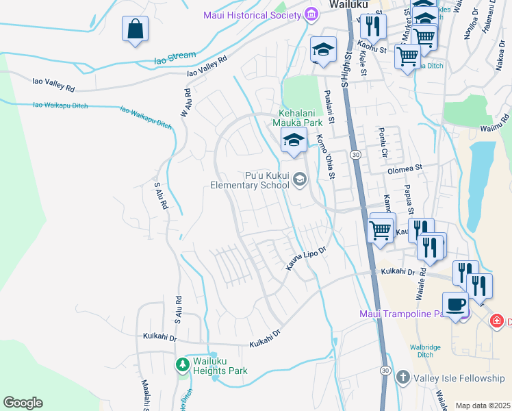map of restaurants, bars, coffee shops, grocery stores, and more near 58 Pua Kalaunu in Wailuku