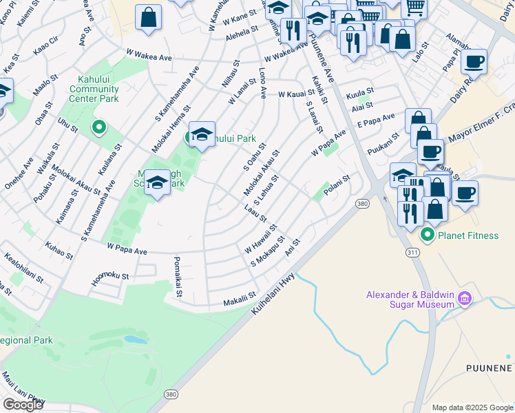 map of restaurants, bars, coffee shops, grocery stores, and more near 269 South Lehua Street in Kahului