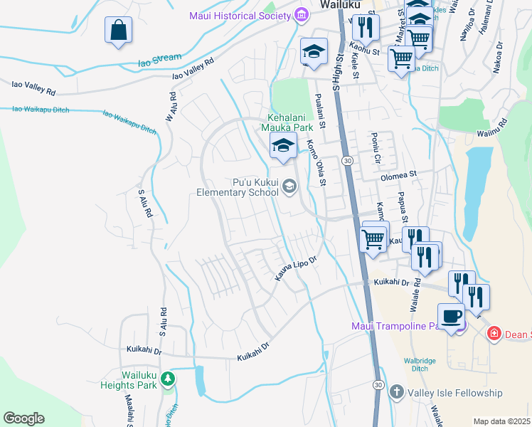 map of restaurants, bars, coffee shops, grocery stores, and more near 318 Laniuma Place in Wailuku