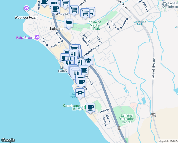map of restaurants, bars, coffee shops, grocery stores, and more near 250 Dickenson Street in Lahaina